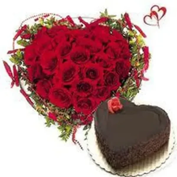 V Day - Heart Shape 25 Roses and Choco Cake