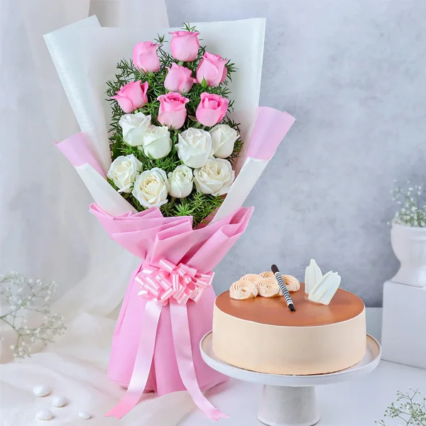 White Pink Roses And chocolate cake