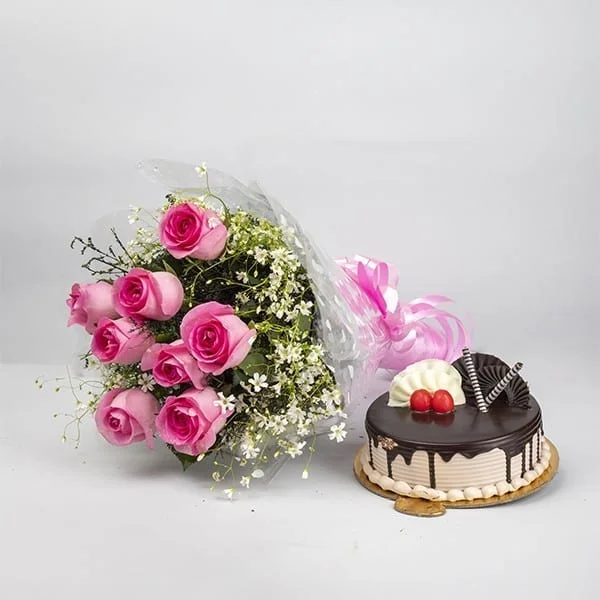 Pink Roses And Chocolate Cake