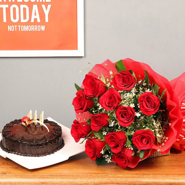 Red Roses And Chocolate Cake