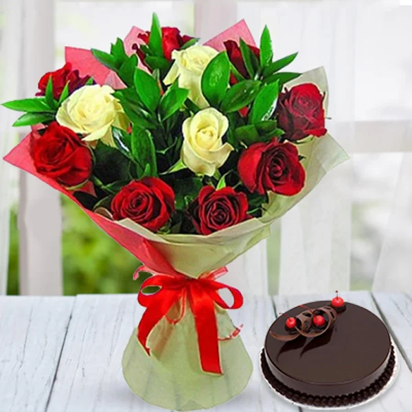 Red And White Roses Bouquet And Chocolate cake
