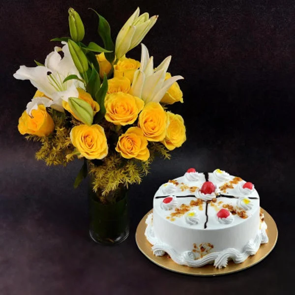Yellow Roses Lily And Cake Combo