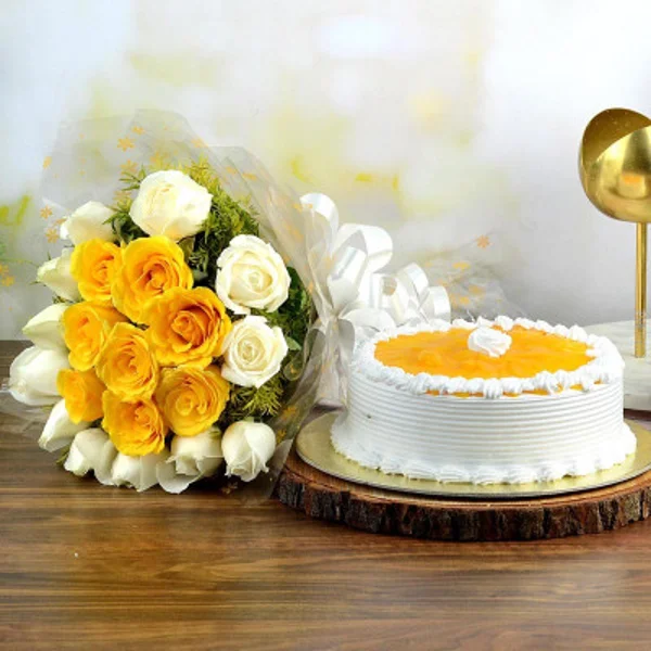 Yellow white Roses Bouquet and Pine Apple Cake