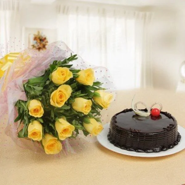 Yellow Roses and Choco Truffle Cake