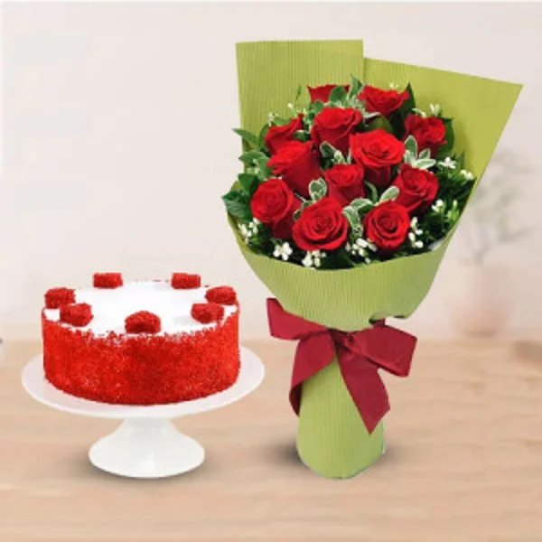 Red Roses Bunch and Redvelvet cake
