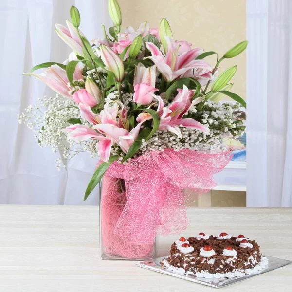 Lilies in Vase And Black Forest Cake
