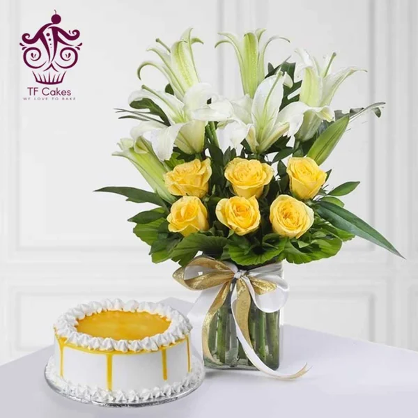 Bright Lily And Cake Combo