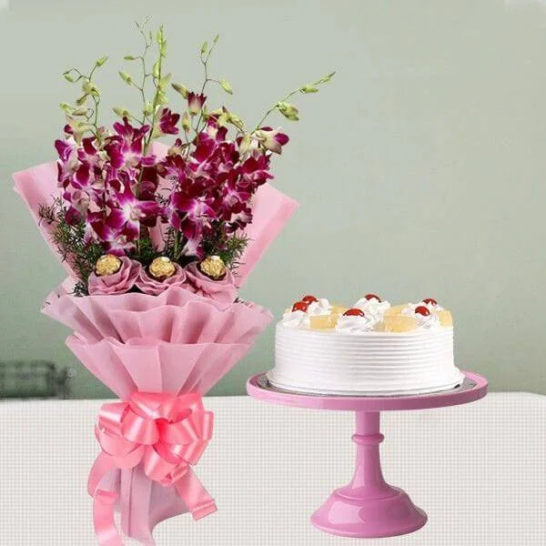 Orchids Bouquet And Pine Apple Cake