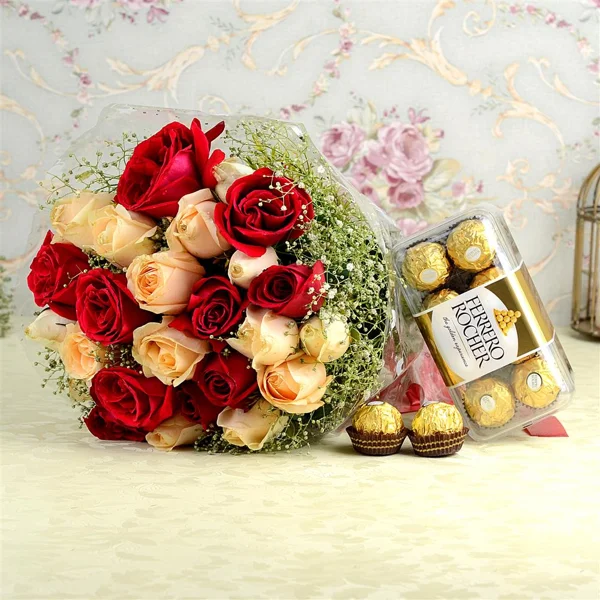 Mix orange and Red Roses and Ferrero Combo