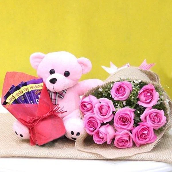 Pink Roses Chocolate And Teddy Combo