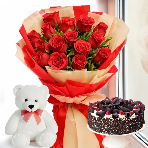 Designer Blackforest Cake with Teddy And Red Roses Bouquet