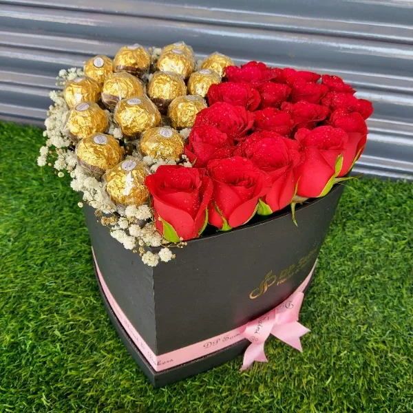 Heart Shape Box arrangement of Roses and Ferrero Rocher
