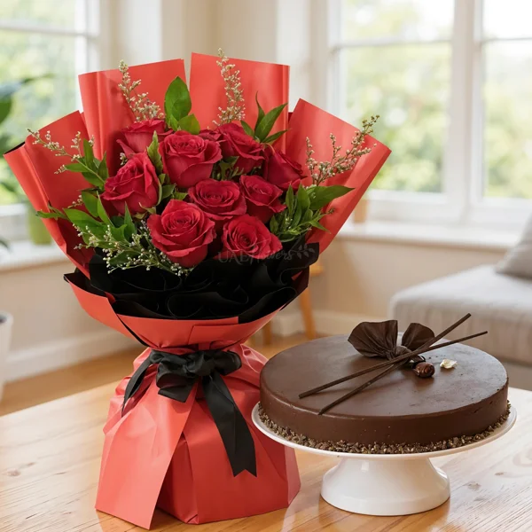 Mini Red Roses Bouquet and Cake combo