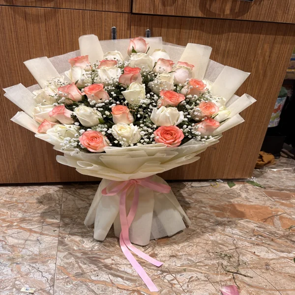 White N Peach Roses Bouquet