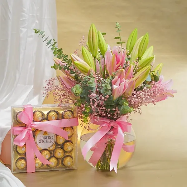 Arrangement of Oriental Lily And Ferrero Rocher