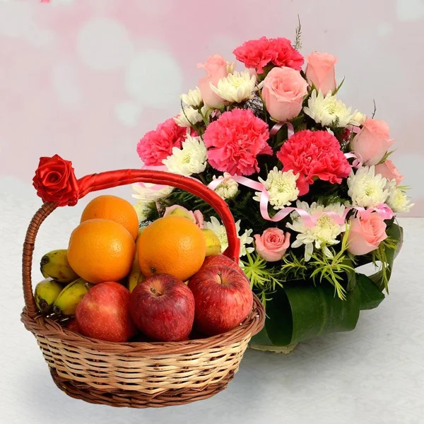 Vibrant Mix Flowers N Fruit Basket
