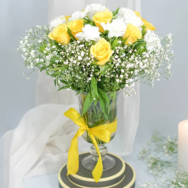 Yellow Roses and White Carnations in a Vase