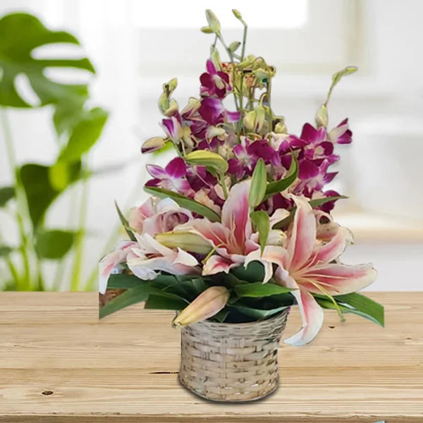 Pink Lily and Orchids Basket