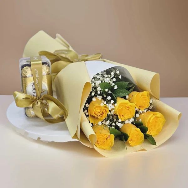 Yellow Roses and 16 Pc Ferrerorocher chocolate