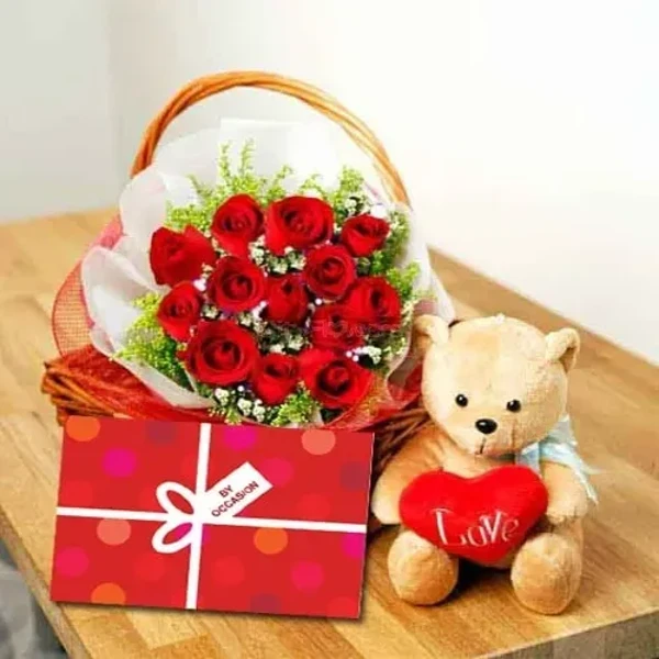 Assorted Pink&Red roses with Dairy Milk & Teddy