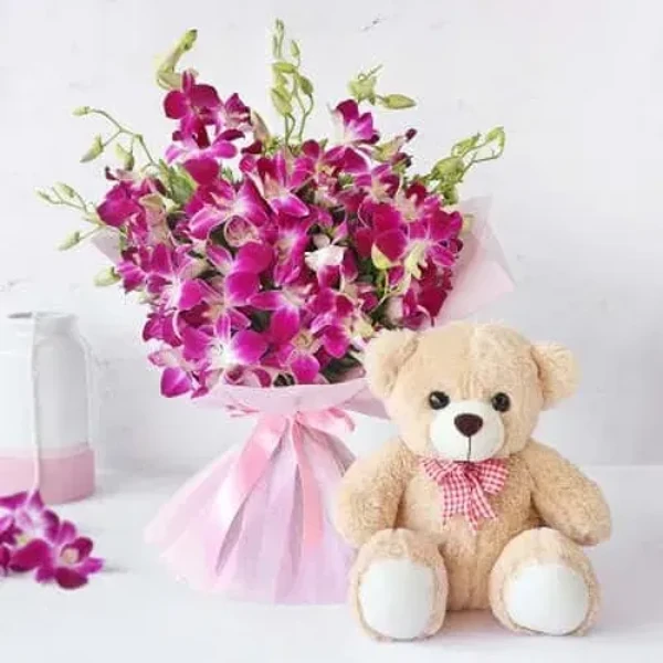 Bunch Of Orchids And Teddy