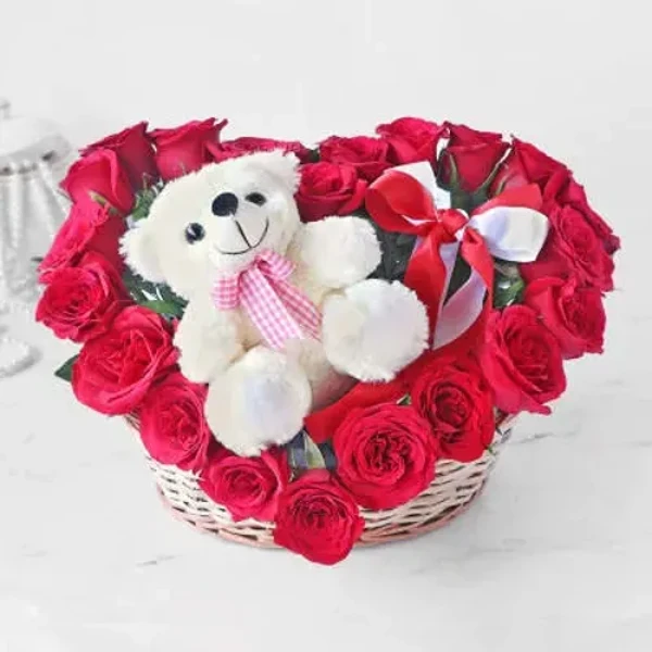 Heart Shape Arrangement of Roses with Teddy