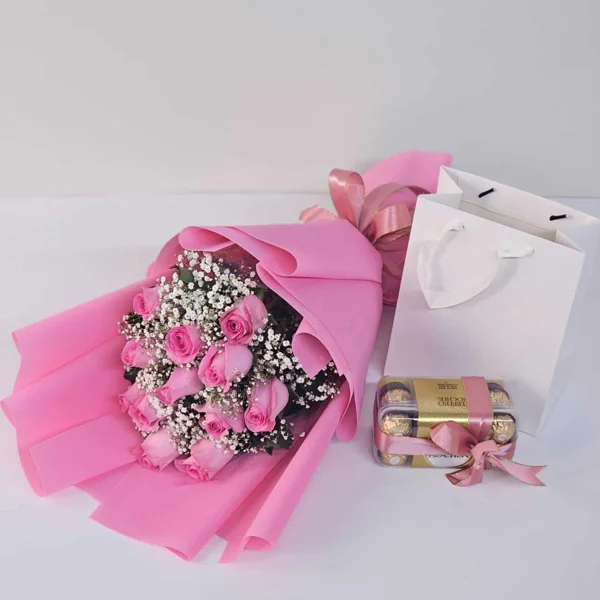Classic Pink Roses And Ferrerocher Combo