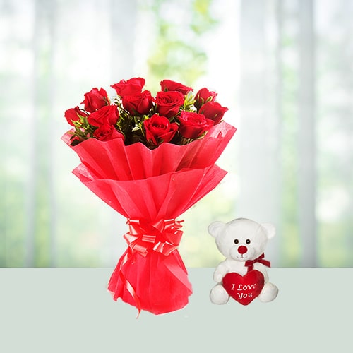 Bunch of 12 red roses and a cute 6 inch teddy 